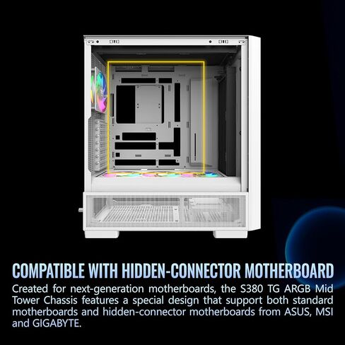 Thermaltake S380 TG ARGB; Mid Tower Chassis; 1x120mm SF120 ARGB & 1x360mm SF360 ARGB PWM Fans Included; 360mm Radiator Support; 400mm GPU Clearance; Hidden Connector Support; Snow; CA-11K-00M6WN-00 in Saudi Arabia
