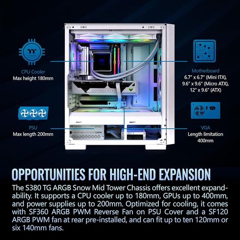 Thermaltake S380 TG ARGB; Mid Tower Chassis; 1x120mm SF120 ARGB & 1x360mm SF360 ARGB PWM Fans Included; 360mm Radiator Support; 400mm GPU Clearance; Hidden Connector Support; Snow; CA-11K-00M6WN-00 in Saudi Arabia