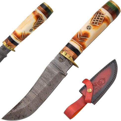 Handmade Full Tang Real-Damascus-Steel | Hunting-Camping | Fishing-Knife Comes With Leather Sheath in Kuwait