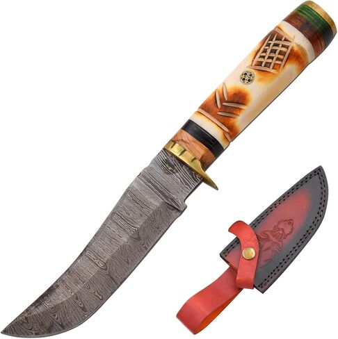 Handmade Full Tang Real-Damascus-Steel | Hunting-Camping | Fishing-Knife Comes With Leather Sheath in Kuwait