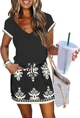 Womens Summer Dress Lantern Sleeve Square Neck Tie Front A-Line Double Layer Hem Mini Dresses in Saudi Arabia