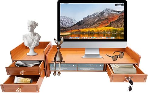 Wood Monitor Stand Riser with 3 Drawers & Lockable Storage – Desktop Organizer for Computer, Laptop, and Office Supplies, Ergonomic Monitor Stand for Desk, Workspace Organizers & Accessories in Saudi Arabia