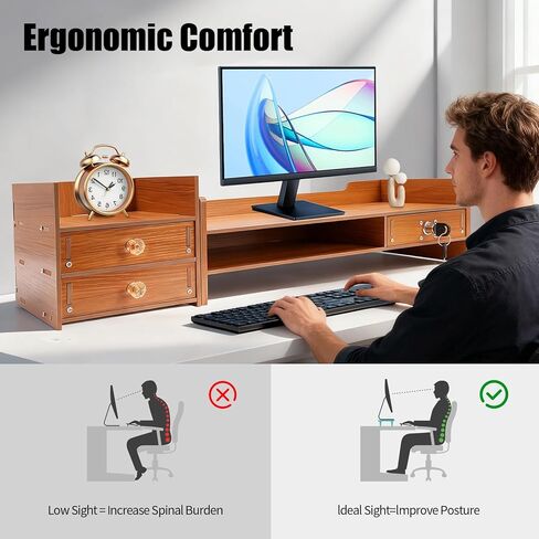 Wood Monitor Stand Riser with 3 Drawers & Lockable Storage – Desktop Organizer for Computer, Laptop, and Office Supplies, Ergonomic Monitor Stand for Desk, Workspace Organizers & Accessories in Saudi Arabia
