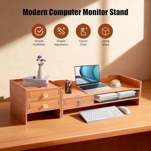 Wood Monitor Stand Riser with 3 Drawers & Lockable Storage – Desktop Organizer for Computer, Laptop, and Office Supplies, Ergonomic Monitor Stand for Desk, Workspace Organizers & Accessories in Saudi Arabia