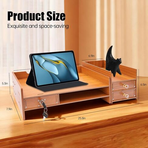 Wood Monitor Stand Riser with 3 Drawers & Lockable Storage – Desktop Organizer for Computer, Laptop, and Office Supplies, Ergonomic Monitor Stand for Desk, Workspace Organizers & Accessories in Saudi Arabia