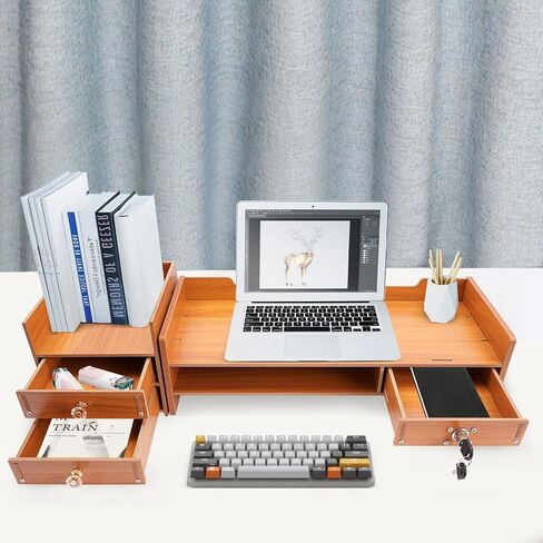 Wood Monitor Stand Riser with 3 Drawers & Lockable Storage – Desktop Organizer for Computer, Laptop, and Office Supplies, Ergonomic Monitor Stand for Desk, Workspace Organizers & Accessories in Saudi Arabia