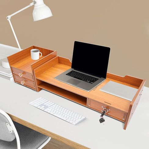 Wood Monitor Stand Riser with 3 Drawers & Lockable Storage – Desktop Organizer for Computer, Laptop, and Office Supplies, Ergonomic Monitor Stand for Desk, Workspace Organizers & Accessories in Saudi Arabia