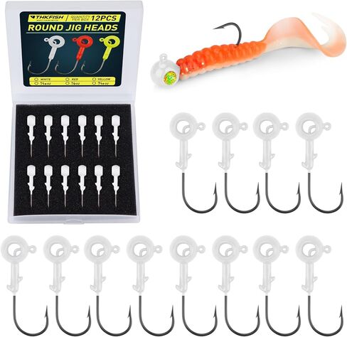 THKFISH Jig Heads Kit, 12PCS Crappie Jig Heads for Fishing, Jig Heads Hook with Round Scent Holder, Jigs for Crappie Bass Fishing, 1/16 1/8 3/16OZ, White Yellow Red in Saudi Arabia