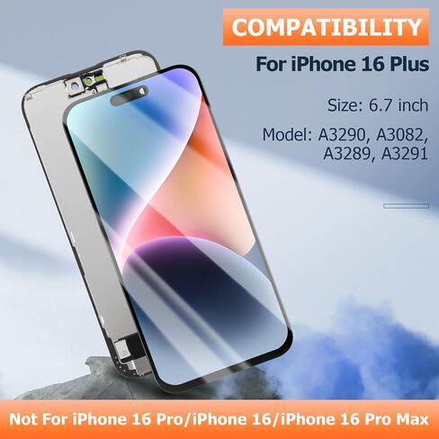 INCELL لشاشة iPhone 16 Plus البديلة لشاشة iPhone 16 Plus LCD A3290، A3082، A3289، A3291 مجموعة أدوات إصلاح تجميع شاشة LCD تعمل باللمس in Kuwait