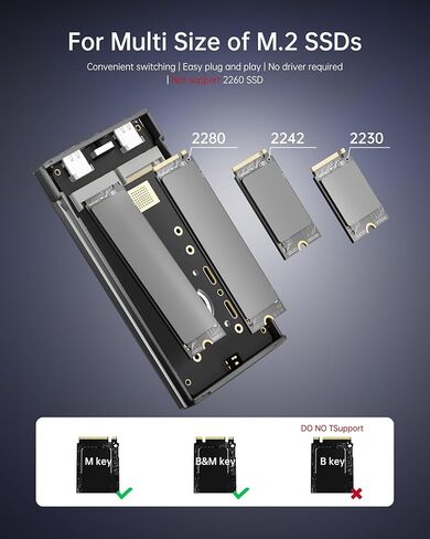 حاوية Dual Bay RAID 0، RAID 1، JBOD وCloner All-in-One M.2 SSD، محول قارئ يصل إلى 20 جيجابت في الثانية M 2 إلى USB C لمفتاح M2 M، قاعدة B+M Key NVMe SATA الخارجية، حجم محرك 2280 2242 2230 in Kuwait