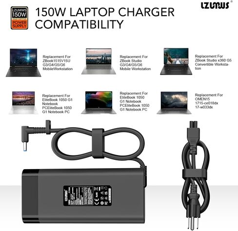 محول تيار متردد 150 وات لشاحن الكمبيوتر المحمول HP 19.5V/7.7A مزود طاقة مع طرف 4.5x3.0 مم متوافق مع HP Victus/OMEN 15 17 /Pavilion Gaming/ZBook Fury/Studio in Kuwait