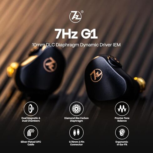 7HZ G1 in-Ear Monitor, 10mm DLC Dynamic Driver IEM Wired Earbuds, HiFi Headphones with Detachable OFC Silver-Plated Cable for Gaming and Music Audiophiles (Without Mic, Black) in Saudi Arabia
