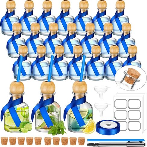 Husheee 24 PCS تصوير زجاجات الراعي مع قش الفلين 1. 7 أوقية مصغرة زجاجات تيكيلا فارغة للمشروبات الصغيرة القابلة لإعادة الاستخدام من الزجاج الصافي رعاة الكؤوس مع حفل زفاف الشريط الحريري (50 مل) in Kuwait
