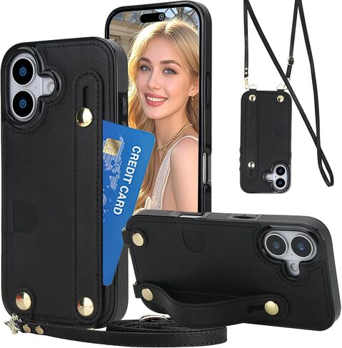 for Apple iPhone 16e Case Crossbody Lanyard Wallet with Card Holder, Wrist Strap, Removable Adjustable Shoulder PU Leather Shockproof Cover for iPhone 16e XK-Rose Gold in Saudi Arabia