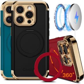 حافظة COOLQO لهاتف iPhone 15 Pro Max مقاس 6.7 بوصات حامل مغناطيسي يدور 360 درجة [متوافق مع Magsafe] [حماية عسكرية] غطاء حامل هاتف واقٍ مقاوم للصدمات لهاتف iPhone 15 Pro Max، أسود ذهبي in Kuwait