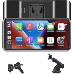 شاشة CarPlay لاسلكية محمولة للسيارة، تدعم Apple CarPlay، Android Auto، وHicar، ستيريو السيارة مع بلوتوث، FM، مستقبل صوت السيارة العالمي لترقية السيارة (أسود) in Kuwait