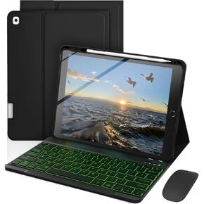 حافظة لوحة مفاتيح لجهاز iPad 9.7 بوصة الجيل السادس / الخامس 2018/2017 وPro 9.7 بوصة 2016، ماوس و7 ألوان لوحة مفاتيح قابلة للفصل بإضاءة خلفية، حامل قابل للتعديل مدمج في حامل أقلام الرصاص، نوم/تنبيه تلقائي، أسود in Kuwait
