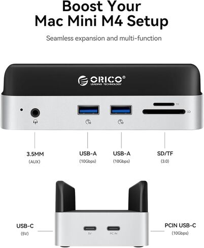 ORICO MiniDock Mac mini M4 Dock مدمج 512 جيجابايت M.2 SSD لجهاز Mac mini M4 وM4 Pro 2024، محطة إرساء للكمبيوتر المحمول مع 2xUSB A 10 جيجابت في الثانية، وفتحات بطاقة SD/TF، ​​صوت 3.5 مم -VSE-512GB in Saudi Arabia