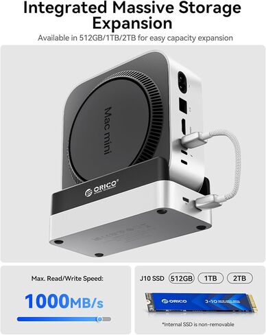 ORICO MiniDock Mac mini M4 Dock مدمج 512 جيجابايت M.2 SSD لجهاز Mac mini M4 وM4 Pro 2024، محطة إرساء للكمبيوتر المحمول مع 2xUSB A 10 جيجابت في الثانية، وفتحات بطاقة SD/TF، ​​صوت 3.5 مم -VSE-512GB in Saudi Arabia