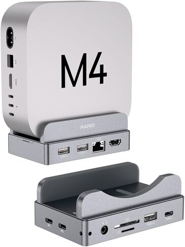 منصة MAIWO Mac mini M4 وحامل مع حاوية M.2 SATA NVMe، محور M4 Pro 9 في 1 مع 2xUSBA 3.1، 1xUSBA 2.0، منفذ بيانات USB C يصل إلى 10 جيجابت في الثانية، 1 منفذ جيجابت إيثرنت، صوت ميكروفون، منفذ HD 4K، فتحة SD/TF in Kuwait