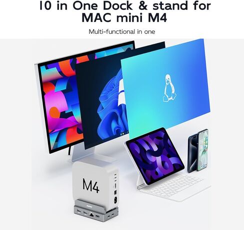 منصة MAIWO Mac mini M4 وحامل مع حاوية M.2 SATA NVMe، محور M4 Pro 9 في 1 مع 2xUSBA 3.1، 1xUSBA 2.0، منفذ بيانات USB C يصل إلى 10 جيجابت في الثانية، 1 منفذ جيجابت إيثرنت، صوت ميكروفون، منفذ HD 4K، فتحة SD/TF in Kuwait