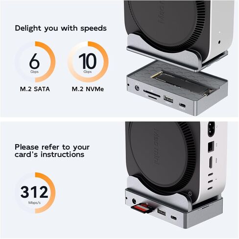 منصة MAIWO Mac mini M4 وحامل مع حاوية M.2 SATA NVMe، محور M4 Pro 9 في 1 مع 2xUSBA 3.1، 1xUSBA 2.0، منفذ بيانات USB C يصل إلى 10 جيجابت في الثانية، 1 منفذ جيجابت إيثرنت، صوت ميكروفون، منفذ HD 4K، فتحة SD/TF in Kuwait