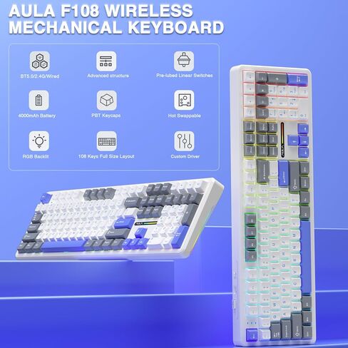 لوحة مفاتيح ميكانيكية لاسلكية Aula F108، BT5.0/USB-C/2.4 جيجا هرتز، لوحات مفاتيح مخصصة للألعاب قابلة للتبديل السريع، أغطية مفاتيح PBT، مفاتيح مشحمة مسبقًا، لوحة مفاتيح كريمية كاملة الحجم بإضاءة خلفية RGB مع لوحة أرقام (متجددة) in Kuwait