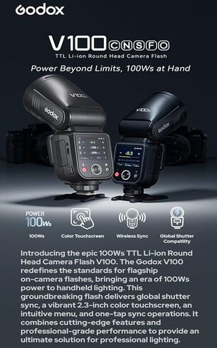 فلاش كاميرا GODOX V100 V100C V100-C مع دعامة فلاش Godox S3 لكاميرا Canon Flash Speedlite، 100Ws 2.4G TTL1/8000 HSS، 400 ومضة طاقة كاملة، بطارية ليثيوم أيون 7.2 فولت/2980 مللي أمبير في الساعة، وقت إعادة التدوير 1.7 ثانية (إصدار الولايات المتحدة الأمريكية) in Saudi Arabia