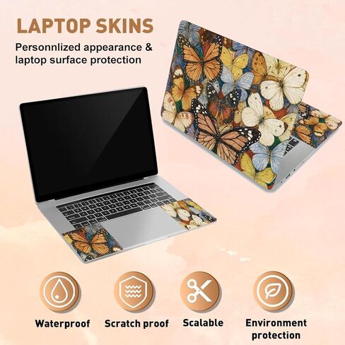 PLIGREAT Laptop Decal Sticker Skin Cover, Retro Butterfly Laptop Stickers Skins Decal Fits 12" 13" 13.3" 14" 15" Laptops Universal Waterproof Removable Notebook Art Protector in Saudi Arabia