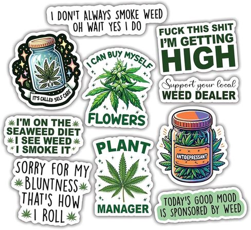 10pcs Weed Sticker Sheet, Weeds Pot Lovers Vinyl Decals for Stoners, and 420 Enthusiasts, Waterproof, UV-Resistant, for Laptop, Water Bottle, Journal, Notebook, Mirror in Kuwait