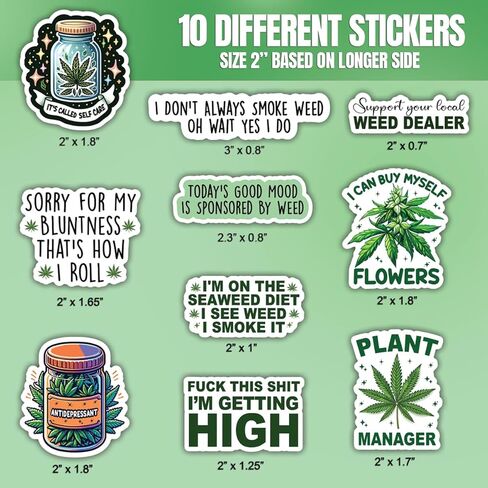 10pcs Weed Sticker Sheet, Weeds Pot Lovers Vinyl Decals for Stoners, and 420 Enthusiasts, Waterproof, UV-Resistant, for Laptop, Water Bottle, Journal, Notebook, Mirror in Kuwait