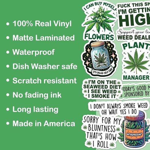 10pcs Weed Sticker Sheet, Weeds Pot Lovers Vinyl Decals for Stoners, and 420 Enthusiasts, Waterproof, UV-Resistant, for Laptop, Water Bottle, Journal, Notebook, Mirror in Kuwait