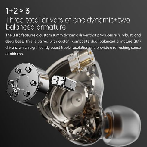 FiiO JH13 Hybrid HiFi IEMs - برامج تشغيل 1DD + 2BA، سماعات أذن لعشاق الصوت للمبتدئين مع لوحة أمامية خشبية وكابل ثنائي السنون 0.78 مم قابل للفصل (أسود شفاف) in Kuwait