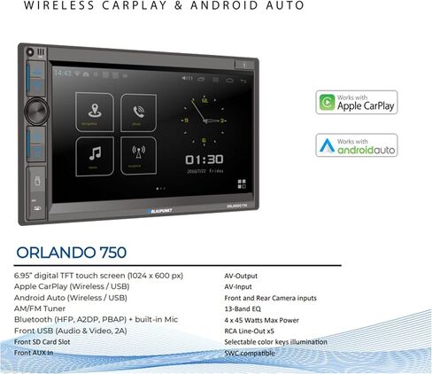 Blaupunkt Orlando 750 6.9 بوصة تعمل باللمس مزدوج DIN بلوتوث AM/FM استقبال، 4x 6x8 بوصة 60 وات بحد أقصى 3 مكبرات صوت للسيارة مع سلك in Saudi Arabia