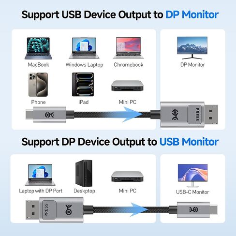 كابل Matters كابل USB-C ثنائي الاتجاه بسرعة 40 جيجابت في الثانية إلى DisplayPort 2.1 - 1.8 متر / 6 أقدام، DP40 (UHBR10)، 8K@120 هرتز / 4K@480 هرتز، كابل DisplayPort إلى USB C لأجهزة وضع DP Alt (لا يوجد توصيل طاقة) in Saudi Arabia