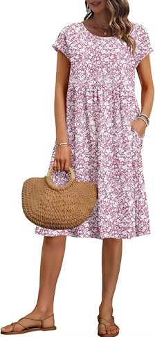 AUSELILY Women's Summer Short Sleeve Knee-Length Dresses Round Neck Loose Dress with Pockets 2025 New in Saudi Arabia