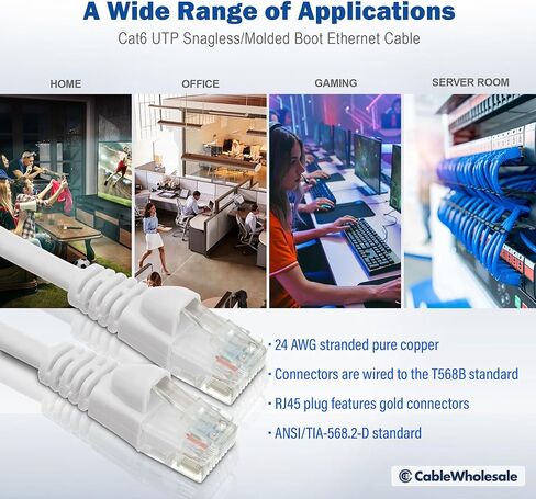 كابل إيثرنت Cat6 من CableWholesale، 24AWG، موصل لوحة ذهبية RJ45، 4 أزواج من النحاس المجدول، حذاء بدون تشابك زوج ملتوي غير محمي (UTP) كابل تصحيح شبكة الإنترنت، 20 قدم، أبيض in Saudi Arabia