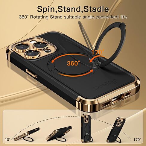 حافظة COOLQO لهاتف iPhone 15 Pro Max مقاس 6.7 بوصات حامل مغناطيسي يدور 360 درجة [متوافق مع Magsafe] [حماية عسكرية] غطاء حامل هاتف واقٍ مقاوم للصدمات لهاتف iPhone 15 Pro Max، أسود ذهبي in Kuwait