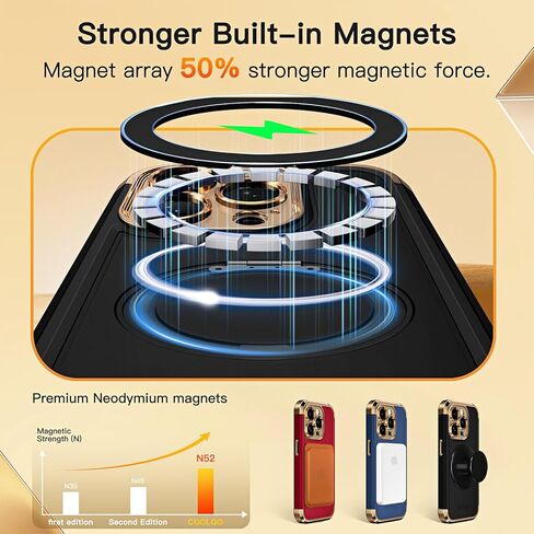 حافظة COOLQO لهاتف iPhone 15 Pro Max مقاس 6.7 بوصات حامل مغناطيسي يدور 360 درجة [متوافق مع Magsafe] [حماية عسكرية] غطاء حامل هاتف واقٍ مقاوم للصدمات لهاتف iPhone 15 Pro Max، أسود ذهبي in Kuwait