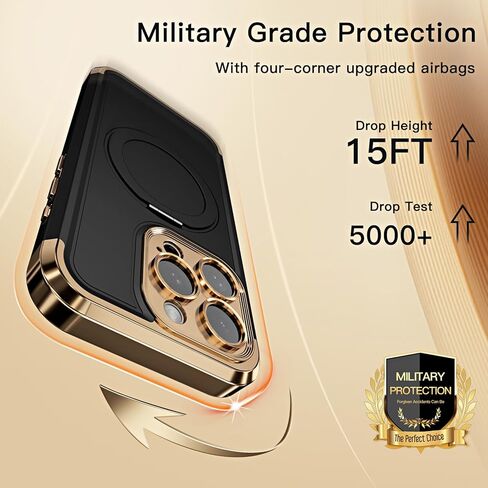 حافظة COOLQO لهاتف iPhone 15 Pro Max مقاس 6.7 بوصات حامل مغناطيسي يدور 360 درجة [متوافق مع Magsafe] [حماية عسكرية] غطاء حامل هاتف واقٍ مقاوم للصدمات لهاتف iPhone 15 Pro Max، أسود ذهبي in Kuwait
