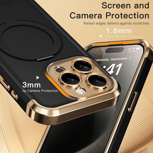 حافظة COOLQO لهاتف iPhone 15 Pro Max مقاس 6.7 بوصات حامل مغناطيسي يدور 360 درجة [متوافق مع Magsafe] [حماية عسكرية] غطاء حامل هاتف واقٍ مقاوم للصدمات لهاتف iPhone 15 Pro Max، أسود ذهبي in Kuwait