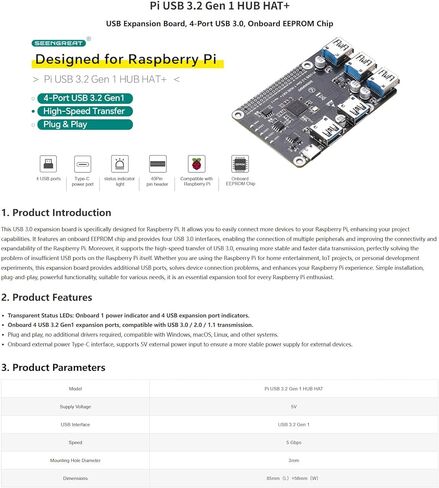 USB 3.2 Gen1 HUB HAT+ لـ Raspberry Pi، لوحة توسيع USB 3.0 ذات 4 منافذ مع مصدر طاقة من النوع C، EEPROM على اللوحة، محول USB Hub للتوصيل والتشغيل متوافق مع أجهزة USB 2.0/1.1 in Kuwait