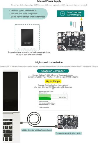 USB 3.2 Gen1 HUB HAT+ لـ Raspberry Pi، لوحة توسيع USB 3.0 ذات 4 منافذ مع مصدر طاقة من النوع C، EEPROM على اللوحة، محول USB Hub للتوصيل والتشغيل متوافق مع أجهزة USB 2.0/1.1 in Kuwait