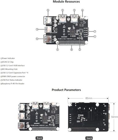 USB 3.2 Gen1 HUB HAT+ لـ Raspberry Pi، لوحة توسيع USB 3.0 ذات 4 منافذ مع مصدر طاقة من النوع C، EEPROM على اللوحة، محول USB Hub للتوصيل والتشغيل متوافق مع أجهزة USB 2.0/1.1 in Kuwait