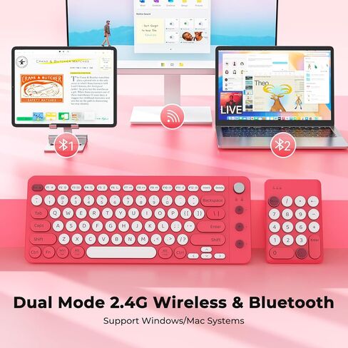 لوحات مفاتيح لاسلكية بتقنية Bluetooth من Doci، لوحة مفاتيح كمبيوتر مريحة مع لوحة مفاتيح رقمية منفصلة، ​​لوحة مفاتيح منخفضة الضوضاء، لوحة مفاتيح رقمية صغيرة للمحاسبين/مستخدم اليد اليسرى، وردي in Kuwait