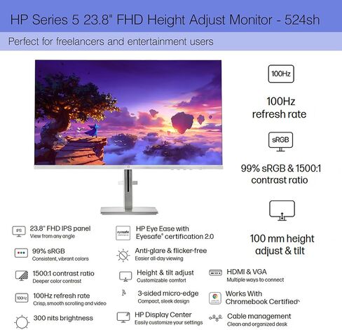 HP Series 5 524SH 23.8" Full HD (1920×1080) Monitor | IPS Display, 100Hz, Slim Bezel, Eye Comfort Tech, Height Adjustable Stand & HDMI Connection, Replaces M24H (94C19AA#ABA) + Screen Protector + More in Kuwait