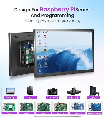 شاشة لمس 10.1 بوصة متوافقة مع Raspberry Pi، حاوية مدمجة، شاشة لمس HDMI محمولة 1280x800 IPS لـ Raspberry Pi 5/4B/3B+/3B/B+ Jetson Nano Win11/10/8/7 in Kuwait