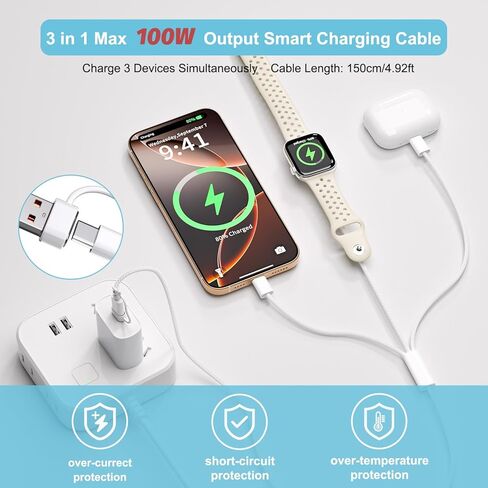 Travel Essentials for Apple Watch Charger, 100W 3 in 2 Dual USB C Multi Fast Charging Cable Portable USB C Cord for iPhone 17/16/15, iPad Pro, MacBook, Samsung, Google Pixel, iWatch Ultra/Series 1-10 in Saudi Arabia