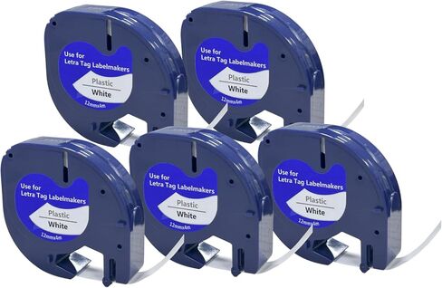 5 Pack Compatible with Dymo LetraTag Refills, Replacement for Dymo Label Maker Refills, 91331 White Plastic 12mm x 4m Label Tape for Letra Tag Label Maker LT 200B, LT 100H, LT 100T, QX50 in Saudi Arabia