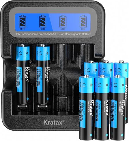 Kratax 12pack 1300mWh AAA بطاريات ليثيوم قابلة لإعادة الشحن مع صندوق تخزين شحن، بطاريات ليثيوم أيون ثلاثية السعة عالية قابلة لإعادة الشحن 1.5 فولت إخراج ثابت، تدوم طويلاً للألعاب الكهربائية in Kuwait
